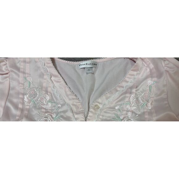 Vintage Miss Elaine Nightgown M Pink Satin Embroidered Neck Long Sleeve Lounge - Picture 4 of 5